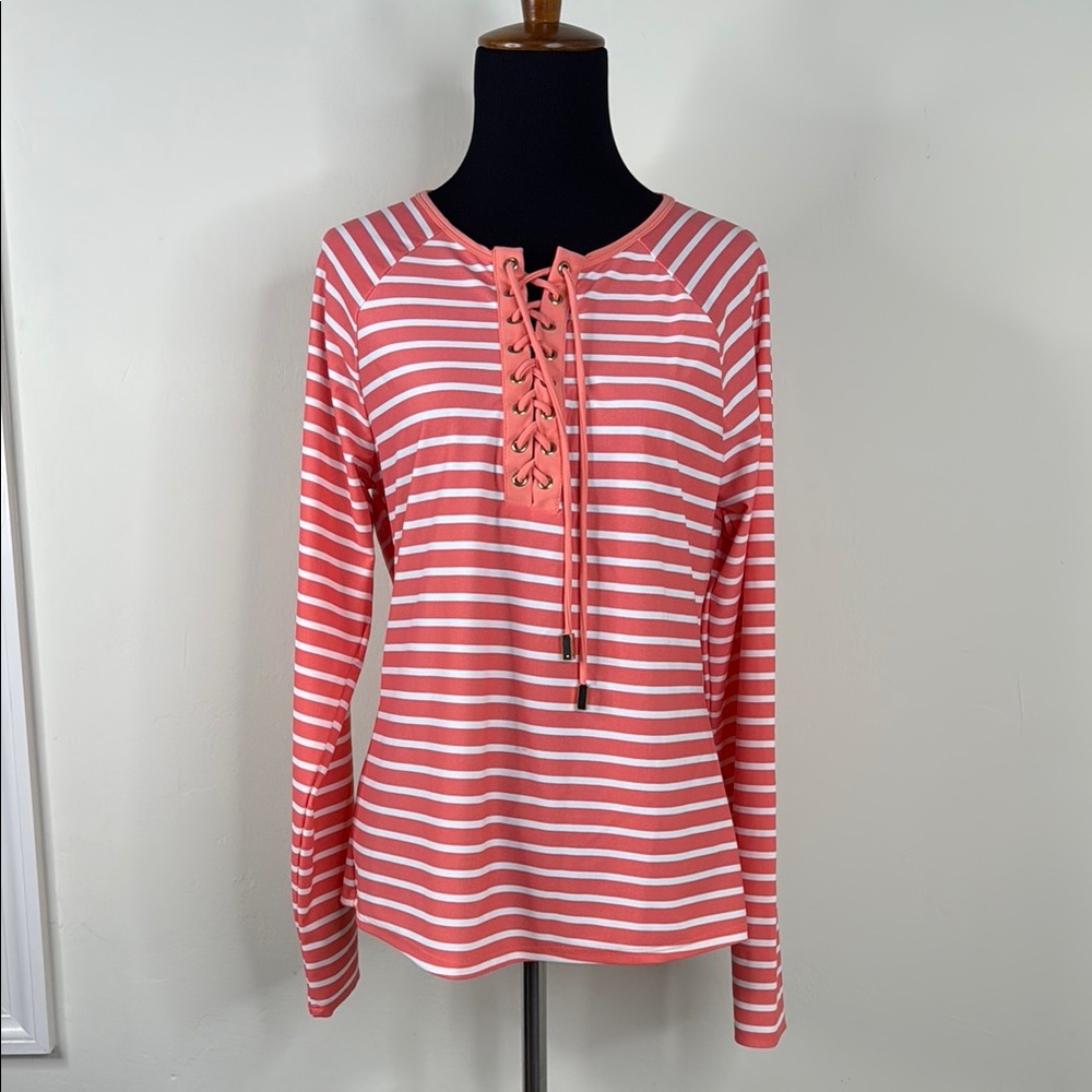 CABANA LIFE Striped Lace-Up Pink Top L